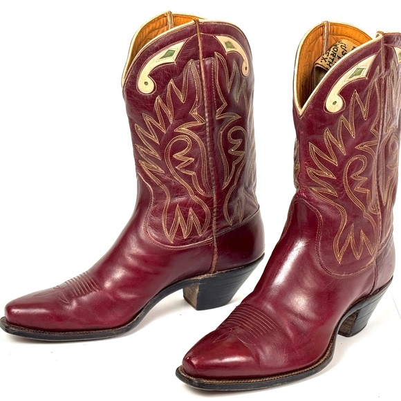 Justin Burgundy 50's Pee Wee Cowboy Boots - Womens Size 6.5B Inlaid Cloth Pulls - Picture 6 of 16